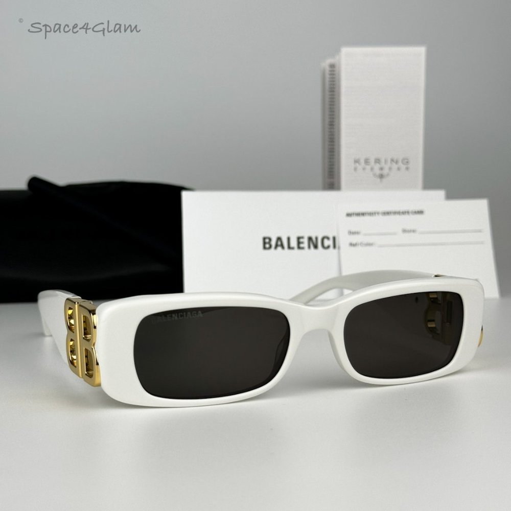 NEW Balenciaga BB0096S 011 White Gold Logo Grey Rectangle Unisex Sunglasses - Picture 4 of 14